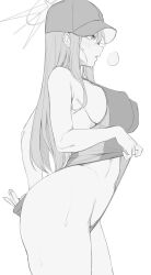 Rule 34 | 1girl, blue archive, blush, breasts, covered erect nipples, greyscale, halo, hat, heavy breathing, highres, large breasts, long hair, monochrome, navel, nine (kanine41), profile, saori (blue archive), simple background, solo, sweat, thighs, white background
