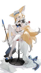 Rule 34 | absurdres, animal ears, arknights, arm garter, bar stool, bell, bikini, black bikini, black footwear, blonde hair, breasts, breasts apart, broom, cup, drinking glass, fox ears, fox girl, fox tail, full body, green eyes, hair between eyes, high heels, highres, holding, holding broom, holding cup, kele mimi, kitsune, knee up, kyuubi, long hair, looking at viewer, maid, maid bikini, maid headdress, mary janes, microskirt, multiple tails, navel, neck bell, no shoes, puffy short sleeves, puffy sleeves, shadow, shoe dangle, shoes, short sleeves, shrug (clothing), sidelocks, simple background, sitting, skirt, small breasts, stomach, stool, suzuran (arknights), swimsuit, tail, thighhighs, unconventional maid, white background, white skirt, white thighhighs, wine glass