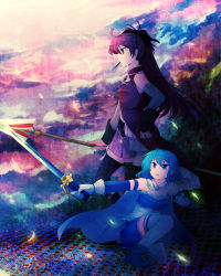 Rule 34 | 10s, 2girls, androgynous, bare shoulders, blue eyes, blue hair, detached sleeves, from side, gloves, highres, holding, holding sword, holding weapon, long hair, looking afar, magical girl, mahou shoujo madoka magica, mahou shoujo madoka magica (anime), miki sayaka, mizuki (flowerlanguage), multiple girls, outdoors, polearm, profile, red eyes, red hair, sakura kyoko, short hair, spear, standing, sword, thighhighs, weapon