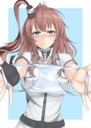 Rule 34 | 1girl, bad id, bad pixiv id, belt, black belt, black gloves, blue background, blue eyes, blue panties, blush, border, breast pocket, breasts, brown hair, fingerless gloves, gloves, highres, holding, holding clothes, holding panties, holding underwear, kantai collection, large breasts, long hair, looking at viewer, nose blush, one side up, panties, pocket, ponytail, presenting removed panties, saratoga (kancolle), saratoga mk ii (kancolle), sidelocks, simple background, single glove, smokestack hair ornament, solo, underwear, upper body, white border, yamato (083)
