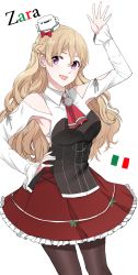 Rule 34 | 1girl, :d, bare shoulders, blonde hair, braid, breasts, character name, detached sleeves, half updo, hand on own hip, hat, highres, italian flag, italy, kantai collection, large breasts, long hair, miniskirt, morinaga miki, open mouth, pantyhose, purple eyes, simple background, skirt, smile, solo, wavy hair, white background, zara (kancolle)
