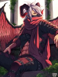 Rule 34 | abs, bad id, bad pixiv id, belt, black pants, clutch2130, copyright name, covered mouth, horns, kerberos blade, looking to the side, male focus, moss, official art, pants, pointy ears, red eyes, red scarf, scarf, see-through, silver hair, sitting, tattoo, transparent wings, wings