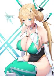 Rule 34 | 1girl, bare shoulders, black leotard, blonde hair, blue eyes, blush, bra, breasts, cleavage, closed mouth, collarbone, commentary, covered navel, curvy, feet out of frame, green bra, green thighhighs, hair ornament, headgear, highres, huge breasts, impossible clothes, impossible leotard, large breasts, leotard, long hair, looking at viewer, low twintails, mecha musume, multicolored background, nandarobium, one eye closed, original, smile, solo, stomach, symbol-only commentary, thighhighs, thighs, twintails, underwear, white background, white sleeves, wide hips