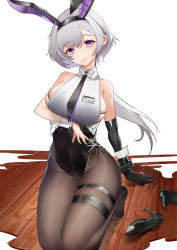 Rule 34 | 1girl, absurdres, animal ears, arm strap, arm support, arm under breasts, azur lane, bare shoulders, black hairband, black leotard, black neckwear, black pantyhose, bow, bowtie, breasts, chinese commentary, closed mouth, collarbone, collared shirt, commentary request, crop top, earrings, elbow gloves, fake animal ears, full body, gloves, grey hair, groin, hair between eyes, hairband, head tilt, high heels, highres, id card, jewelry, kneeling, large breasts, leotard, leotard under clothes, long hair, looking at viewer, low ponytail, mcic0, metal gloves, necktie, official alternate costume, pantyhose, parted hair, playboy bunny, purple eyes, rabbit ears, reno (azur lane), reno (reno bunnino) (azur lane), see-through, see-through shirt, shadow, shirt, shoes, unworn shoes, side-tie leotard, sideboob, sidelocks, simple background, single elbow glove, skindentation, sleeveless, sleeveless shirt, smile, solo, stud earrings, thigh strap, white background, white bow, white bowtie, wooden floor, wrist cuffs