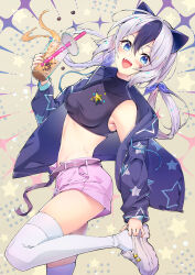 Rule 34 | 1girl, animal ears, bare shoulders, belt, black hair, black shirt, blue eyes, blue jacket, breasts, bubble tea, crop top, fake animal ears, hair ribbon, hair rings, highres, holding, jacket, jewelry, leg up, long hair, long sleeves, looking at viewer, medium breasts, michie sticker, midriff, multicolored hair, navel, necklace, off shoulder, open clothes, open fly, open jacket, open mouth, original, pink shorts, ribbon, shirt, shoes, short shorts, shorts, sleeveless, sleeveless shirt, smile, solo, stomach, thighhighs, thighs, twintails, two-tone hair, white footwear, white hair, white thighhighs