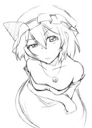 Rule 34 | 1girl, alternate costume, dress, elbow gloves, female focus, gloves, graphite (medium), greyscale, looking at viewer, m-eiji, monochrome, remilia scarlet, short hair, simple background, sketch, solo, strapless, strapless dress, touhou, traditional media, white background