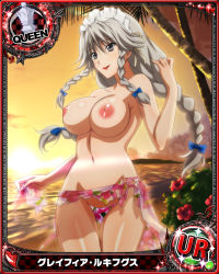 Rule 34 | 10s, beach, bikini, braid, breasts, card (medium), chess piece, grayfia lucifuge, grey eyes, grey hair, high school dxd, highres, large breasts, maid, maid headdress, nipples, palm tree, queen (chess), sarong, swimsuit, thigh gap, third-party edit, topless, torn bikini, torn clothes, torn swimsuit, tree