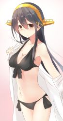 Rule 34 | 10s, 1girl, alternate costume, artist request, bare shoulders, bikini, black bikini, black hair, blush, breasts, cleavage, closed mouth, collarbone, commentary request, cowboy shot, eyebrows, female focus, gradient background, hair between eyes, hair ornament, hairclip, haruna (kancolle), headgear, kantai collection, long hair, looking at viewer, navel, solo, standing, stomach, swimsuit, undressing, yellow eyes, yuki (yukin0128)