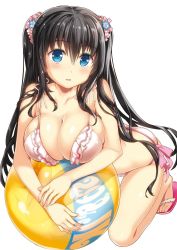 Rule 34 | 1girl, ball, bare shoulders, beachball, bikini, black hair, blue eyes, blush, breasts, cleavage, collarbone, commentary, fingernails, full body, hair ornament, highres, kneeling, large breasts, long hair, looking at viewer, open mouth, original, pink bikini, sandals, see-through, side-tie bikini bottom, simple background, solo, swimsuit, twintails, white background, yan-yam
