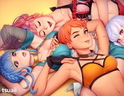 Rule 34 | 4girls, alternate costume, armpits, arms up, artist name, bare shoulders, between breasts, blue hair, braid, grabbing another&#039;s breast, breasts, cleavage, closed eyes, collarbone, cross-laced clothes, crown braid, eyewear on head, female focus, fire emblem, fire emblem: three houses, fire emblem heroes, grabbing, grey hair, head on another&#039;s stomach, hilda valentine goneril, jewelry, leonie pinelli, looking at viewer, lying, lysithea von ordelia, marianne von edmund, matching hair/eyes, multiple girls, neck ring, nintendo, nose, official alternate costume, on back, one eye closed, orange eyes, orange hair, pink eyes, pink hair, purple eyes, smile, sports bra, tinted eyewear, tongue, tongue out, tsuaii, wink