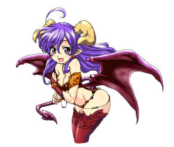 Rule 34 | 1girl, :d, ahoge, ass, bikini, blush, breasts, cleavage, cropped legs, demon girl, demon wings, fujimoto satoru, horns, looking at viewer, navel, open mouth, original, purple eyes, purple hair, red bikini, red thighhighs, revealing clothes, smile, solo, stomach, swimsuit, tareme, thighhighs, wings