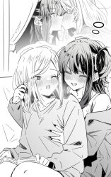 2girls blush book commentary greyscale groping highres izumi_shiho kiss long_hair lwmina70119 medium_hair mizuguchi_aki mole mole_under_eye monochrome multiple_girls nail_polish off_shoulder one_eye_closed one_side_up open_book open_mouth sasayaku_you_ni_koi_wo_utau sidelocks sweatdrop sweater yuri