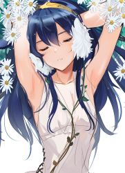 Rule 34 | 1girl, armpits, arms behind head, arms up, blue hair, closed eyes, clothing request, collarbone, cross-laced clothes, facing viewer, fire emblem, flower, flower request, hair between eyes, hand in own hair, hands in hair, highres, long hair, lucina (fire emblem), nintendo, ormille, solo, tiara, upper body, white background