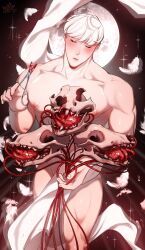 Rule 34 | 1boy, animal skull, bara, blush, closed eyes, completely nude, covering privates, covering crotch, falling feathers, feathers, heart (organ), highres, hoggie (plna), holding, holding scissors, large pectorals, male focus, moon, muscular, muscular male, nipples, nude, original, pectorals, plna, scissors, short hair, solo, thick thighs, thighs, white hair