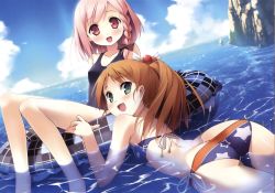 Rule 34 | 2girls, :d, absurdres, ass, bare shoulders, bikini, blue sky, blush, bow, braid, brown hair, butt crack, cloud, collarbone, day, flat chest, green eyes, hair bobbles, hair ornament, highres, innertube, kantoku, looking at viewer, looking back, minagawa yuuhi, multiple girls, old school swimsuit, one-piece swimsuit, open mouth, outdoors, partially submerged, pink eyes, pink hair, plaid, ponytail, print swimsuit, school swimsuit, side-tie bikini bottom, sky, smile, swim ring, swimsuit, water, your diary, yua (your diary)