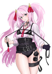 Rule 34 | 1girl, absurdres, belt, black gloves, black shorts, breasts, collared shirt, cowboy shot, gloves, goddess of victory: nikke, grey eyes, hair ribbon, highres, holding, holding whip, id card, light blush, long hair, looking at viewer, mole, mole under mouth, necktie, pink hair, pink ribbon, ramuneogura, red necktie, ribbon, shirt, shirt tucked in, shorts, simple background, single glove, small breasts, solo, thigh strap, thighs, twintails, whip, white shirt, yuni (nikke)