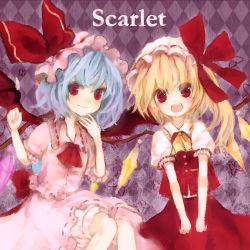 Rule 34 | 2girls, ascot, bat wings, blonde hair, blue hair, blush, bow, bug, butterfly, dress, female focus, flandre scarlet, hat, hat bow, bug, lowres, mikanniro, multiple girls, open mouth, red eyes, remilia scarlet, ribbon, short hair, siblings, side ponytail, sisters, skirt, skirt set, smile, touhou, wings