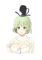 Rule 34 | 1girl, absurdres, ameyame, bad id, bad pixiv id, blush, breasts, cleavage, green eyes, green hair, hat, highres, looking down, matching hair/eyes, meme attire, open-chest sweater, ribbed sweater, short hair, sleeveless, sleeveless turtleneck, soga no tojiko, solo, sweat, sweater, tate eboshi, touhou, turtleneck, upper body, white background