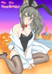 Rule 34 | 1girl, animal ears, black leotard, bow, bowtie, breasts, brown eyes, character name, cleavage, commentary request, dated, detached collar, fake animal ears, futaba rio, glasses, grey hair, happy birthday, highres, lab coat, leotard, long hair, looking at viewer, medium breasts, playboy bunny, ponytail, rabbit ears, rabbit tail, red bow, red bowtie, seishun buta yarou, sitting, solo, strapless, strapless leotard, tail, tamura satomi, thighhighs, wariza, wavy hair, wrist cuffs