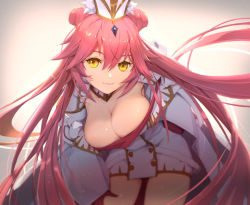 Rule 34 | 1girl, animal ear fluff, animal ears, blush, breasts, buttons, cleavage, coat, detached collar, double-breasted, double bun, dress, fate/grand order, fate (series), fox tail, garter straps, gloves, hair between eyes, hair bun, hat, koyanskaya (assassin) (third ascension) (fate), koyanskaya (fate), large breasts, long hair, long sleeves, looking at viewer, open clothes, open coat, pink gloves, pink hair, rabbit ears, short dress, sidelocks, solo, tail, tamamo (fate), tenshin kagehisa, thighhighs, thighs, very long hair, white coat, white dress, white hat, white thighhighs, wide sleeves, yellow eyes
