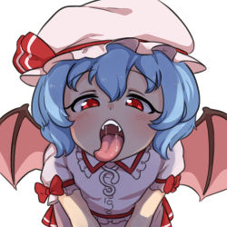 Rule 34 | 1girl, basukechi, bat wings, blue hair, bow, dress, fangs, hat, mob cap, open mouth, oral invitation, pink dress, pink hat, red bow, red eyes, remilia scarlet, saliva, short hair, simple background, solo, tongue, tongue out, touhou, upper body, white background, wings