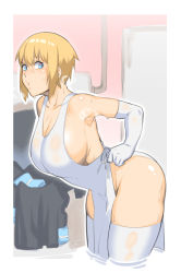 Rule 34 | 1girl, bare shoulders, blonde hair, blue eyes, breasts, cleavage, commentary request, dress, dyun, elbow gloves, en&#039;en no shouboutai, gloves, highres, indoors, iris (enen no shouboutai), large breasts, leaning forward, no bra, no panties, open mouth, pelvic curtain, short hair, side slit, sideboob, sweat, thick thighs, thighhighs, thighs, washing machine, white dress, white gloves, white thighhighs