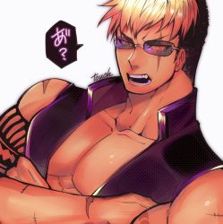Rule 34 | 1boy, arm tattoo, bara, blonde hair, highres, large pectorals, looking at viewer, male focus, multicolored hair, muscular, muscular male, onogami tetsuya, pectoral cleavage, pectorals, red eyes, scar, scar across eye, scar on face, short hair, sideburns, sleeveless, solo, sunglasses, tattoo, tokyo houkago summoners, touoh, translation request, two-tone hair, undercut