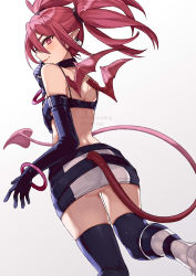 Rule 34 | 1girl, absurdres, artist name, ass, back, bare shoulders, bikini, bikini top only, black bikini, black gloves, black thighhighs, blush, boots, bracelet, breasts, closed mouth, clothing cutout, demon girl, demon tail, demon wings, disgaea, earrings, elbow gloves, etna (disgaea), feet out of frame, from behind, gloves, hair between eyes, highres, jewelry, knee boots, leg up, long hair, looking at viewer, looking back, miniskirt, no panties, pointy ears, purple eyes, red hair, simple background, skindentation, skirt, skull earrings, small breasts, smile, solo, standing, standing on one leg, swimsuit, tail, tail through clothes, thighhighs, twintails, two-tone skirt, upskirt, v-shaped eyebrows, watermark, white background, white footwear, wings, yun-yang
