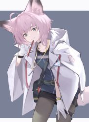 Rule 34 | 1girl, ahoge, aizawa masaya, animal ears, arknights, bag, black choker, black skirt, blue eyes, blue shirt, brown pantyhose, choker, closed mouth, female focus, fox ears, fox girl, fox tail, gloves, grey background, highres, holding, holding pen, jacket, jacket on shoulders, leaning forward, looking at viewer, material growth, miniskirt, open clothes, open jacket, oripathy lesion (arknights), outside border, pantyhose, pen, pen to chin, pink hair, shirt, short hair, shoulder bag, simple background, skindentation, skirt, smile, solo, sussurro (arknights), tail, white gloves, white jacket, wristband