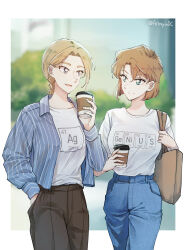 Rule 34 | 2girls, artist name, astrayin, blonde hair, blurry, blurry background, border, braid, braided ponytail, breasts, brown hair, brown pants, character request, cowboy shot, cup, denim, disposable cup, hand in pocket, highres, holding, holding cup, jeans, large breasts, long hair, meitantei conan, miyano shiho, multiple girls, open clothes, open shirt, pants, ponytail, shirt, shirt tucked in, short hair, smile, striped clothes, striped shirt, white border, white shirt