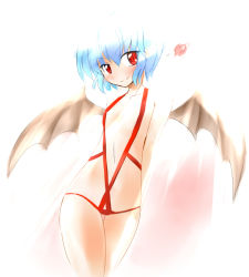 Rule 34 | 1girl, arms behind back, bad id, bad pixiv id, bat wings, blue hair, blush, eien no sai tori, female focus, flat chest, heart, red eyes, remilia scarlet, short hair, slingshot swimsuit, smile, solo, swimsuit, thigh gap, touhou, wings