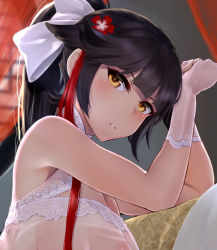 Rule 34 | 1girl, azur lane, black hair, blush, bow, breasts, flower, gloves, hair bow, hair flower, hair ornament, highres, huge breasts, indoors, large areolae, long hair, looking at viewer, multicolored hair, ponytail, red flower, red hair, see-through, sidelocks, takao (azur lane), takao (the lessons of spring) (azur lane), wa (genryusui), white bow, window, yellow eyes