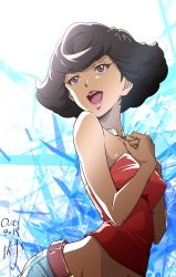 Rule 34 | 1girl, absurdres, angela carpenter, bare shoulders, belt, black hair, carole &amp; tuesday, dated, denim, hands up, highres, jewelry, jpeg artifacts, looking at viewer, midriff, music, nii manabu, open mouth, own hands together, purple eyes, red skirt, shirt, short hair, simple background, singing, skirt, sleeveless, sleeveless shirt, smile, solo, standing
