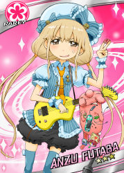 Rule 34 | &gt;:d, 10s, 1girl, :d, brown eyes, brown hair, character name, cinderella girls card parody, digital media player, earphones, futaba anzu, guitar, handheld game console, highres, holding, idolmaster, idolmaster cinderella girls, instrument, long hair, looking at viewer, low twintails, microphone, open mouth, playstation portable, pumpkin pants, pureji oshou, smile, solo, stuffed animal, stuffed rabbit, stuffed toy, sweat, thighhighs, twintails, v-shaped eyebrows, zettai ryouiki
