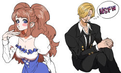 Rule 34 | 1boy, 1girl, black jacket, black necktie, black pants, blonde hair, blue dress, blue eyes, blush, blush stickers, breasts, charlotte pudding, cigarette, cleavage, closed mouth, collared shirt, couple, curly eyebrows, dress, facial hair, formal, frilled dress, frills, hair over one eye, interlocked fingers, jacket, juliet sleeves, long sleeves, looking at viewer, mouth hold, necktie, one piece, own hands together, pants, pervert, puckered lips, puffy sleeves, rita ya, sanji (one piece), shirt, sitting, smile, suit, thought bubble, twintails, two-tone dress, white background, white dress