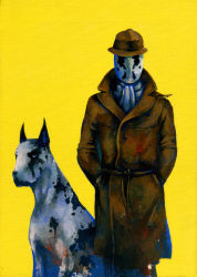 Rule 34 | 1boy, ascot, coat, dc comics, dog, expressionless, fedora, great dane, hands in pockets, hat, highres, inkblot, kinakosamurai, looking at viewer, mask, rorschach, simple background, trench coat, watchmen, yellow background
