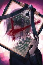 Rule 34 | 1boy, 50k v3, black jacket, blood, blood on face, broken glass, checkered clothes, checkered scarf, commentary request, danganronpa (series), danganronpa v3: killing harmony, glass, hair between eyes, hand up, holding, iei, jacket, long sleeves, looking at viewer, male focus, oma kokichi, pink background, purple eyes, scarf, short hair, solo, upper body, weapon, white background
