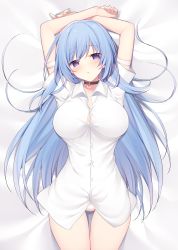 Rule 34 | 1girl, :o, absurdres, arm strap, arms up, blue eyes, blue hair, blush, breasts, choker, collarbone, commentary request, cowboy shot, emori miku, from above, heart, heart choker, highres, large breasts, liver city, long hair, looking at viewer, lying, miko (royal milk), on back, panties, shirt, solo, underwear, very long hair, white panties, white shirt