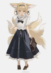 Rule 34 | 1girl, alternate costume, animal ears, arknights, bag, black bow, blonde hair, blue skirt, bow, brown footwear, fox ears, fox tail, grey background, highres, holding, holding bag, loafers, looking at viewer, multiple tails, ns404, sailor collar, sailor shirt, school bag, school uniform, serafuku, shirt, shoes, short hair, short sleeves, simple background, skirt, smile, solo, suzuran (arknights), tail, white sailor collar, white shirt, yellow eyes