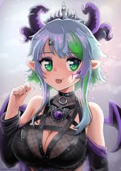 Rule 34 | 1girl, :p, apricot the lich, apricot the lich (1st costume), blue hair, breasts, cleavage, cleavage cutout, clothing cutout, demon wings, green eyes, green hair, highres, horns, large breasts, looking at viewer, multicolored hair, multiple horns, oida-sama (artist), pointy ears, solo, tongue, tongue out, virtual youtuber, vshojo, wings
