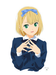 Rule 34 | 1girl, 22/7, blonde hair, blue jacket, braid, dated, hair ornament, hair ribbon, highres, jacket, looking at viewer, open mouth, pizza man, ribbon, saito nicole, shirt, short hair, simple background, skirt, smile, solo, upper body, white background, white shirt