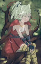 Rule 34 | 1girl, absurdres, deathpolca, demons roots, dress, flat chest, gloves, green hair, hanyunzhou233, highres, long hair, looking at viewer, pointy ears, ponytail, red dress, short dress, sitting, smile, solo, striped clothes, striped thighhighs, thighhighs, tree, yellow eyes, zettai ryouiki