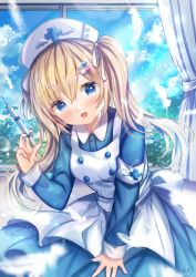 Rule 34 | 1girl, :d, absurdres, angel wings, apron, armband, blonde hair, blue dress, blush, collared dress, commentary request, curtains, day, dress, feathers, hair ornament, hair ribbon, hat, highres, holding, holding syringe, huge filesize, indoors, kohaku muro, leaning forward, long hair, long sleeves, looking at viewer, nurse, nurse cap, open mouth, original, pill, ribbon, safety pin, signature, sleeves past wrists, smile, solo, syringe, twintails, very long hair, white apron, white feathers, white hat, white ribbon, window, wings