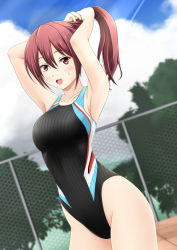 Rule 34 | 10s, 1girl, armpits, arms up, blush, breasts, competition swimsuit, free!, fuuma nagi, long hair, looking at viewer, matsuoka gou, one-piece swimsuit, ponytail, red eyes, red hair, smile, solo, swimsuit