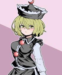Rule 34 | 1girl, black hat, blonde hair, closed mouth, crescent, crescent hat ornament, fe (tetsu), frilled hat, frills, hat, hat ornament, highres, long sleeves, looking at viewer, lunasa prismriver, purple background, short hair, solo, touhou, two-tone background, upper body, yellow eyes