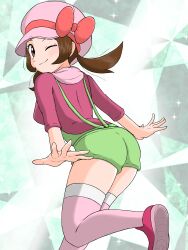 Rule 34 | ;), bow, brown eyes, brown hair, cabbie hat, closed mouth, creatures (company), eyelashes, from behind, game freak, green overalls, hat, hat bow, highres, leg up, looking at viewer, looking back, lyra (pokemon), nintendo, official alternate color, one eye closed, overalls, pink footwear, pink shirt, pink thighhighs, pokemon, pokemon masters ex, red bow, shirt, shoes, sleeves past elbows, smile, thighhighs, twintails, ya mari mo 3