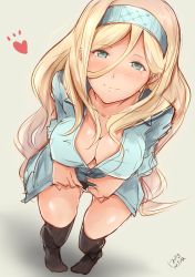Rule 34 | 1girl, alternate costume, artist request, black thighhighs, blonde hair, breasts, cleavage, dress shirt, foreshortening, from above, full body, green eyes, green hairband, grey background, hair between eyes, hairband, hazuki futahi, heart, highres, kantai collection, large breasts, long hair, looking at viewer, mole, mole under eye, mole under mouth, naked shirt, richelieu (kancolle), shirt, solo, standing, thighhighs