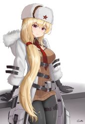 Rule 34 | 1girl, arms behind back, artist name, belt bag, black gloves, black pantyhose, blonde hair, blush, breasts, brown sweater, closed mouth, coat, commentary, cosplay, english commentary, feet out of frame, fur-trimmed coat, fur-trimmed sleeves, fur hat, fur trim, gamryous, girls&#039; frontline, gloves, hat, hat ornament, highres, long hair, long sleeves, looking at viewer, medium breasts, mod3 (girls&#039; frontline), mosin-nagant (girls&#039; frontline), mosin-nagant (girls&#039; frontline) (cosplay), mosin-nagant (mod3) (girls&#039; frontline), necktie, open clothes, open coat, pantyhose, papakha, red eyes, red necktie, red star, smile, solo, standing, star (symbol), star hat ornament, sv-98 (girls&#039; frontline), sweater, white background, white coat, white hat