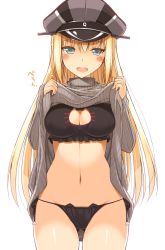 Rule 34 | 10s, 1girl, bismarck (kancolle), blue eyes, blush, bra, breasts, cat cutout, cat ear panties, cat lingerie, cleavage, cleavage cutout, clothes lift, clothing cutout, cowboy shot, hat, highres, kantai collection, lifting own clothes, long hair, looking at viewer, meme attire, military hat, navel, ohta yuichi, open mouth, panties, peaked cap, ribbed sweater, side-tie panties, solo, sweater, sweater lift, underwear, very long hair
