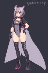 Rule 34 | 1girl, antennae, black choker, black footwear, black gloves, boots, breasts, choker, cleavage, cleavage cutout, clothing cutout, collarbone, commentary, covered navel, cowfee, cropped jacket, diagonal stripes, english commentary, full body, gloves, gluteal fold, grey hair, hand on own hip, highleg, highleg leotard, highres, insect wings, jacket, leotard, light smile, looking at viewer, mayu (cofwee), mayu (kaafi), medium breasts, moth wings, open clothes, open jacket, original, outline, race queen, red eyes, short hair, short sleeves, simple background, solo, striped, striped background, thigh boots, thighhighs, white outline, wings